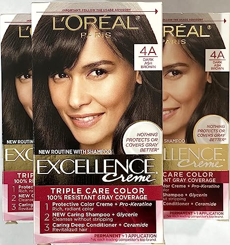 Image of L'Oreal Paris Excellence Creme Permanent Hair Color, 4A Dark Ash Brown, Pack of 3
