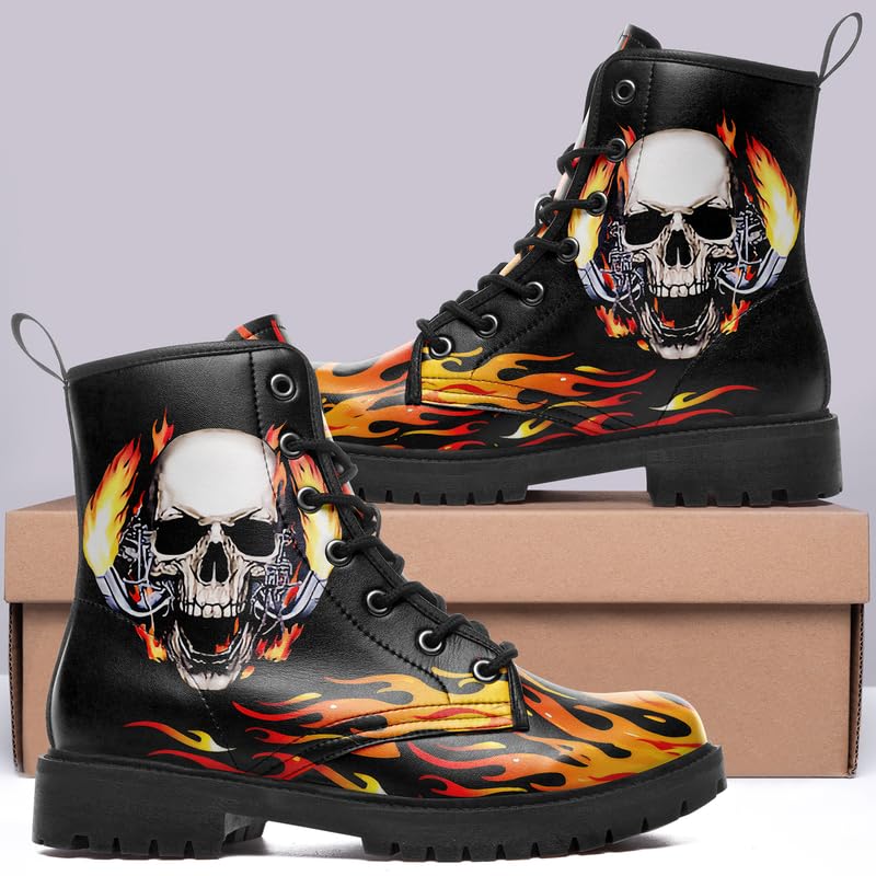 Image of Custom Black Combat Boots for Women Fashion Lace-Up Skull Rose Ankle Booties Chunky Heel Platform Leather Boots
