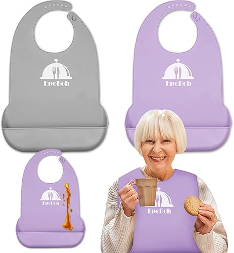 Paquete de 2 baberos de silicona para adultos con recogedor de migas, baberos lavables y ajustables para ancianos, hombres y mujeres mayores
