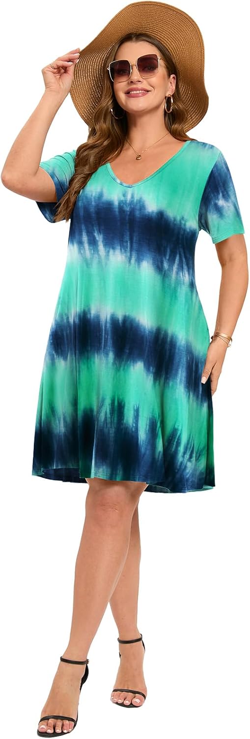 ZENNILO Women's Plus Size Swing Dress with Pockets Casual Summer Dresses V Neck Short Sleeve T Shirt Dress for Women - Image 6
