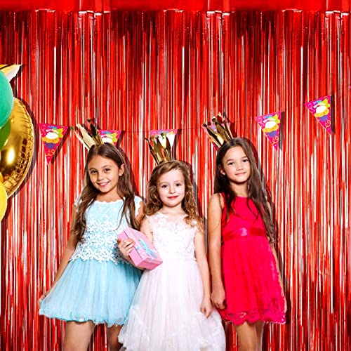 Image of 4 Pack Red Foil Fringe Curtain Backdrop, 3.28Ft x 8.2Ft Metallic Tinsel Foil Fringe Streamer for Party, Photo Booth Props, Birthday, 2022 Mother's Day Decoration Party Supplies