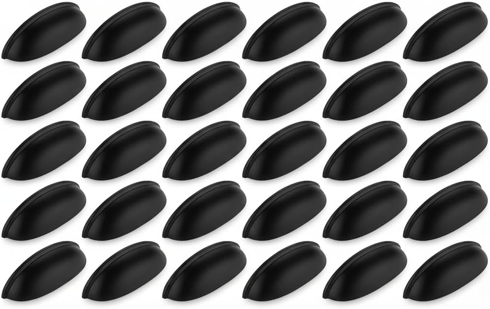 Urbalabs Modern 3" for Cabinets 10 Pack Solid High End Matte Black Cabinet Knob European Style Large Cup Pulls Flat Kitchen Hardware Cabinet Handles (30, Matte)