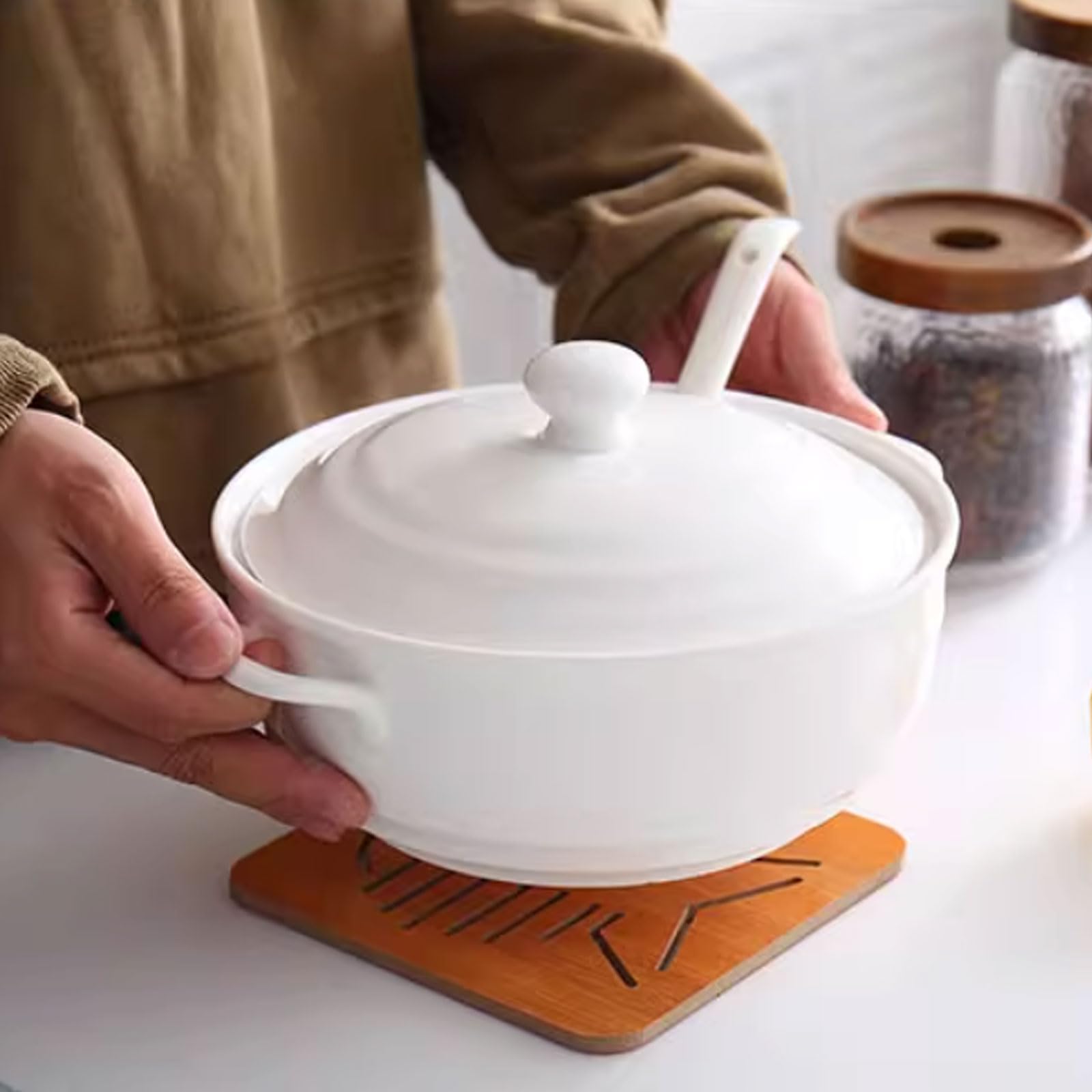 Zuppiera in Ceramica con Coperchio,Zuppiera in Ceramica con Coperchio e Manici,Zuppiera con 2 Maniglie E Coperchio,zuppiere con Maniglie Cucchiaio in Ceramica Porcellana.
