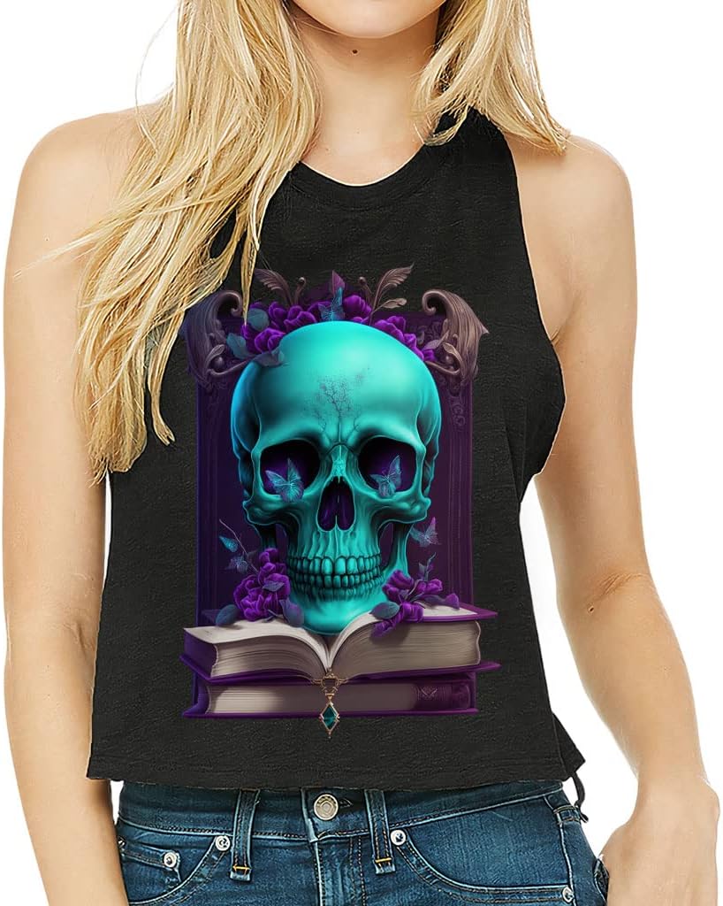 Gothic Skull Racerback Cropped Tank - Cool Art Women's Tank - Printed Tank Top - Black, L
