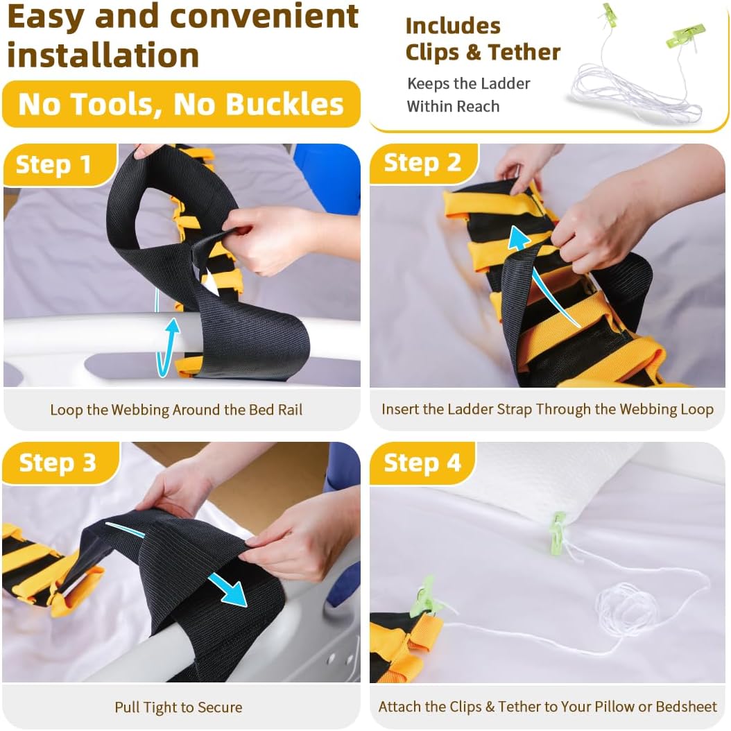 Bed Ladder Assist Pull Up for Elderly, Bed Ladder Assist, Bed Ladder Strap with with Thick Soft Handles for Sit-Up Support & Exercise Use,Suitable for Home/Hospital Care-SWL 300LBS