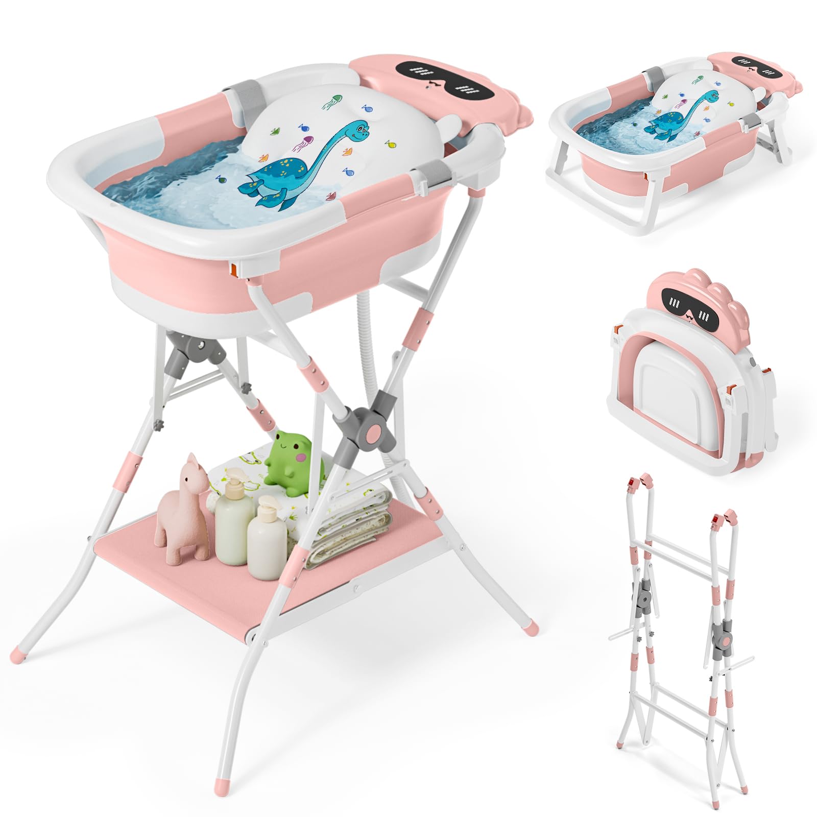 COOSEYA Baignoire bébé 3 en 1 pliable avec support et coussin souple incliné, baignoire pour nouveau-nés et jeunes enfants 0-18 mois, design pliable portable pour voyages extérieur, cadeau baby shower