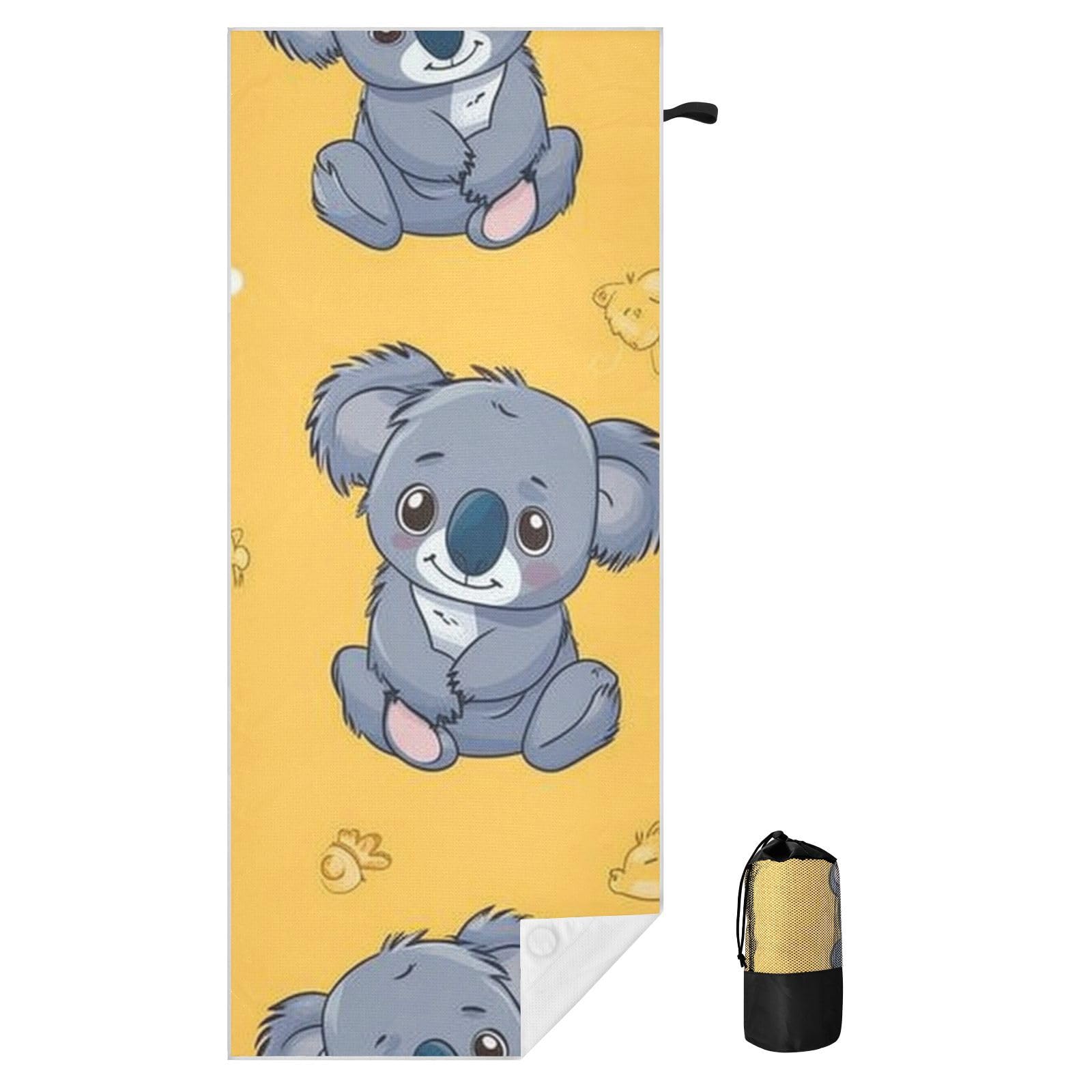 Grandes serviettes de plage avec sacs en maille pour adultes, motif koala mignon à pois blancs jaunes avec fermeture magnétique, serviette absorbante à séchage rapide pour piscine, camping et