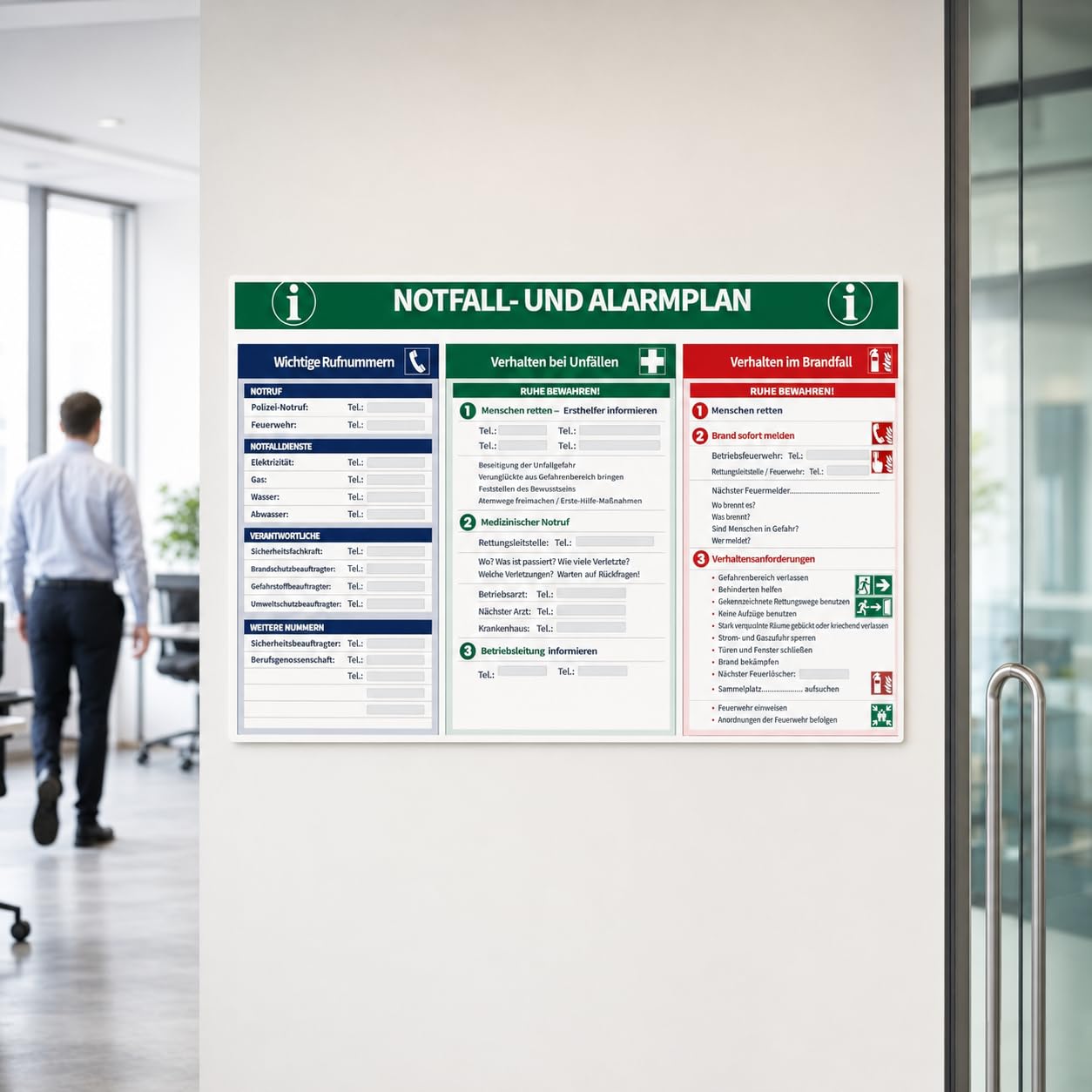 Señal de emergencia y alarma 600 x 400 mm | Cartel de seguridad con números de emergencia para escribir | Comportamiento en accidentes y casos de incendio | PVC duro para oficina, taller, escuela