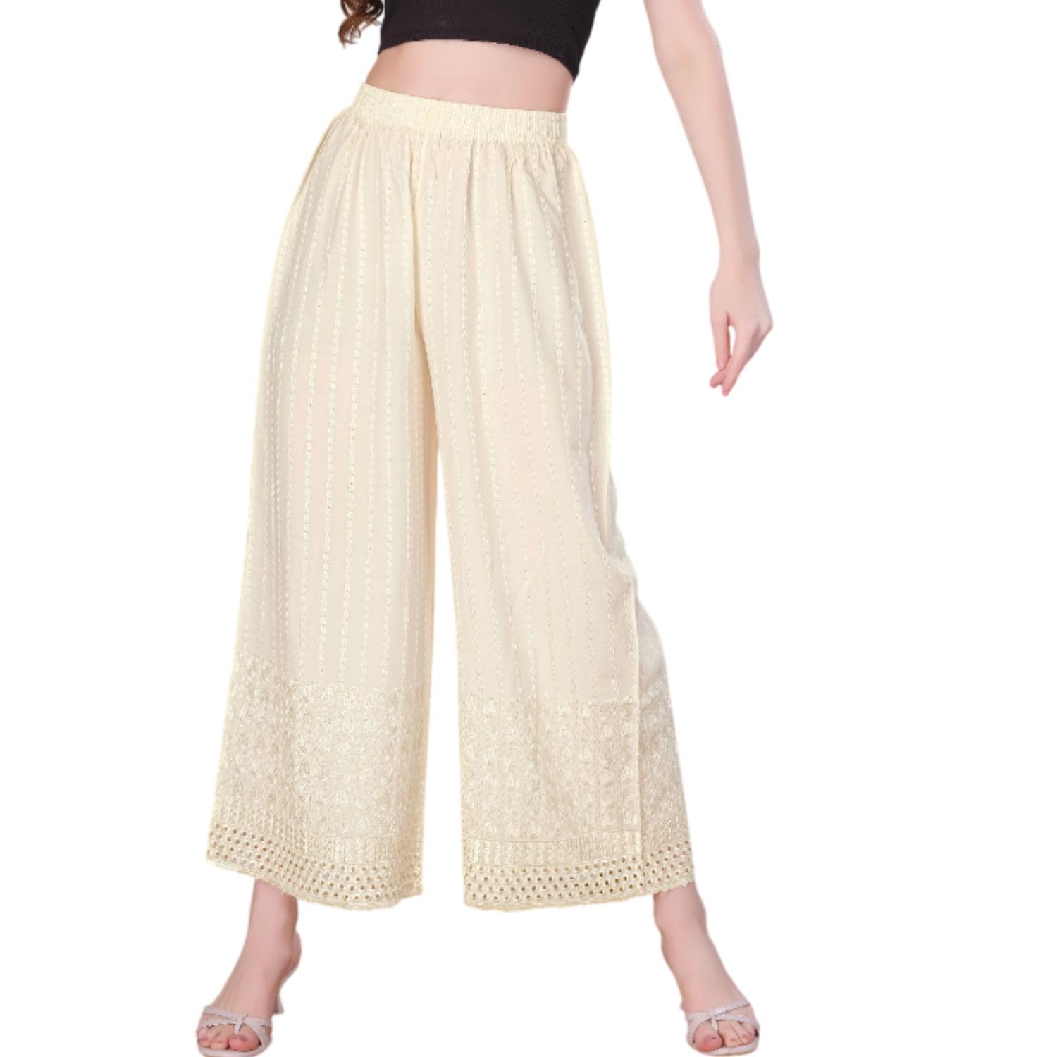 vivika Chikankari Palazzo Pants for Women |Rayon Wide Leg Ethnic Palazo with Embroidery | Comfortable Elastic Waist Women's Palazzo for Casual, Festive & Office Wear-picture-41