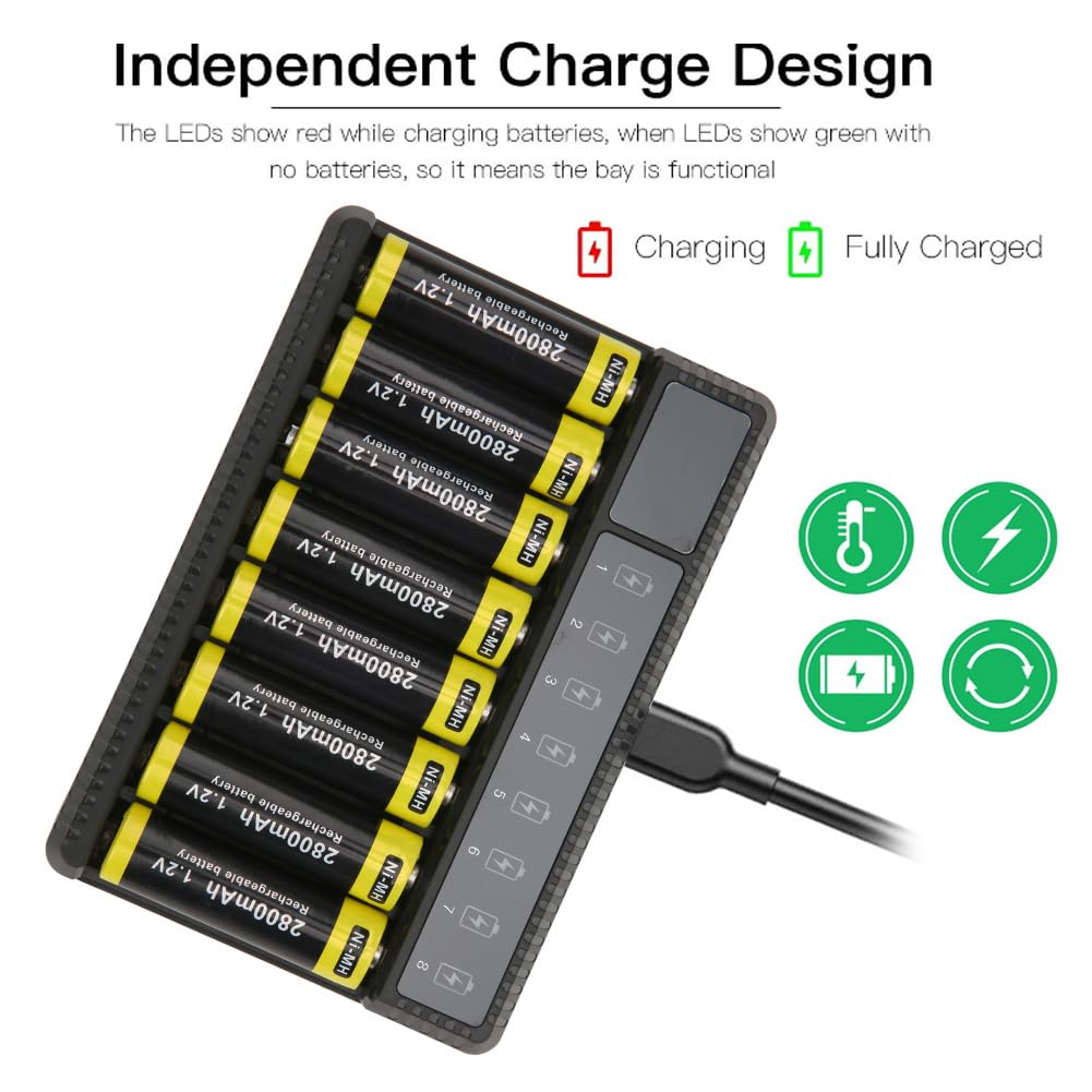 SEIVI Caricabatteria con Display LCD USB con Protezione Intelligente per PC, con 8 Slot per la Ricarica di Celle Ni-MH AA AAA