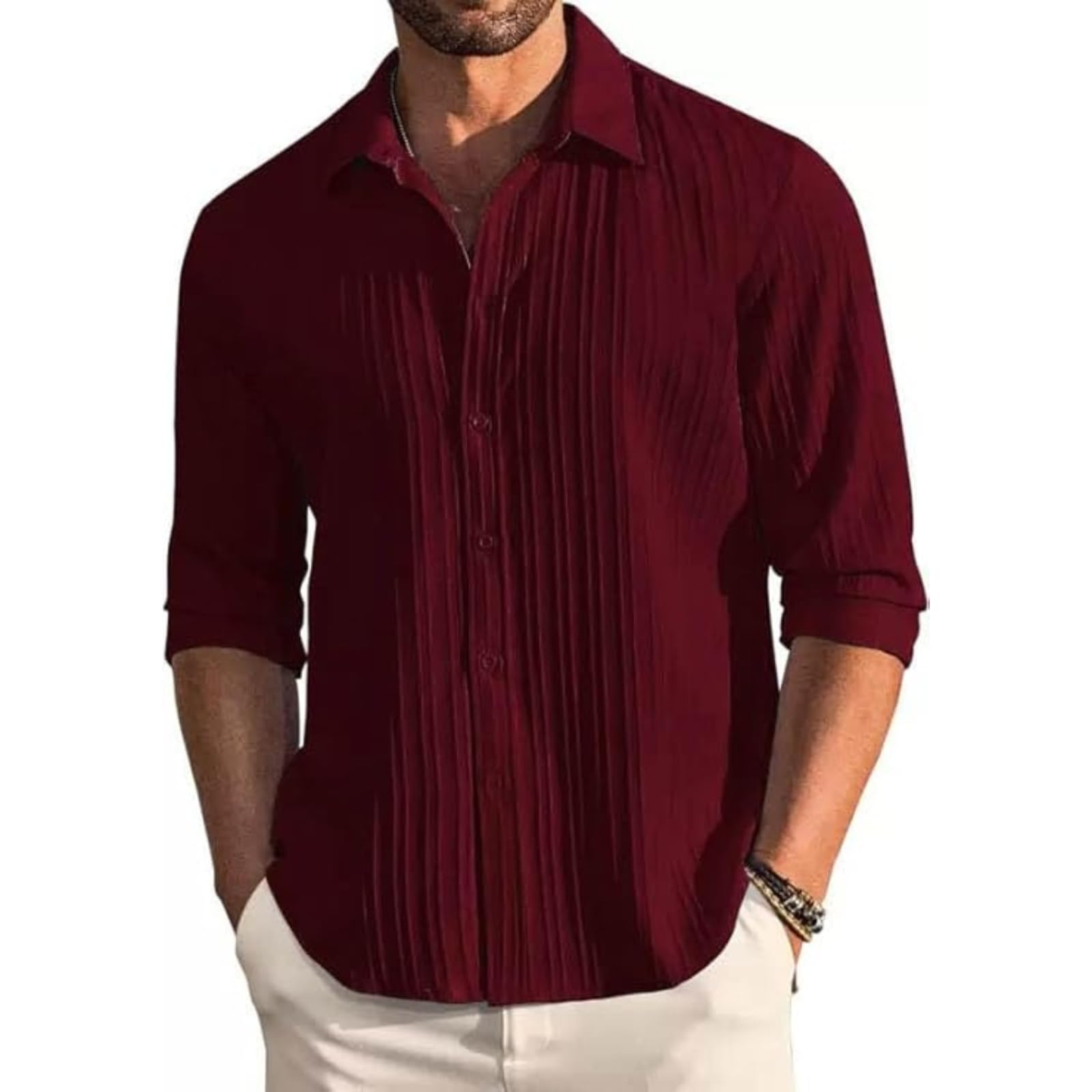 DEELMO Men's Button Down Dress Shirts Textured Long Sleeve Casual Hawaiian Beach Shirt