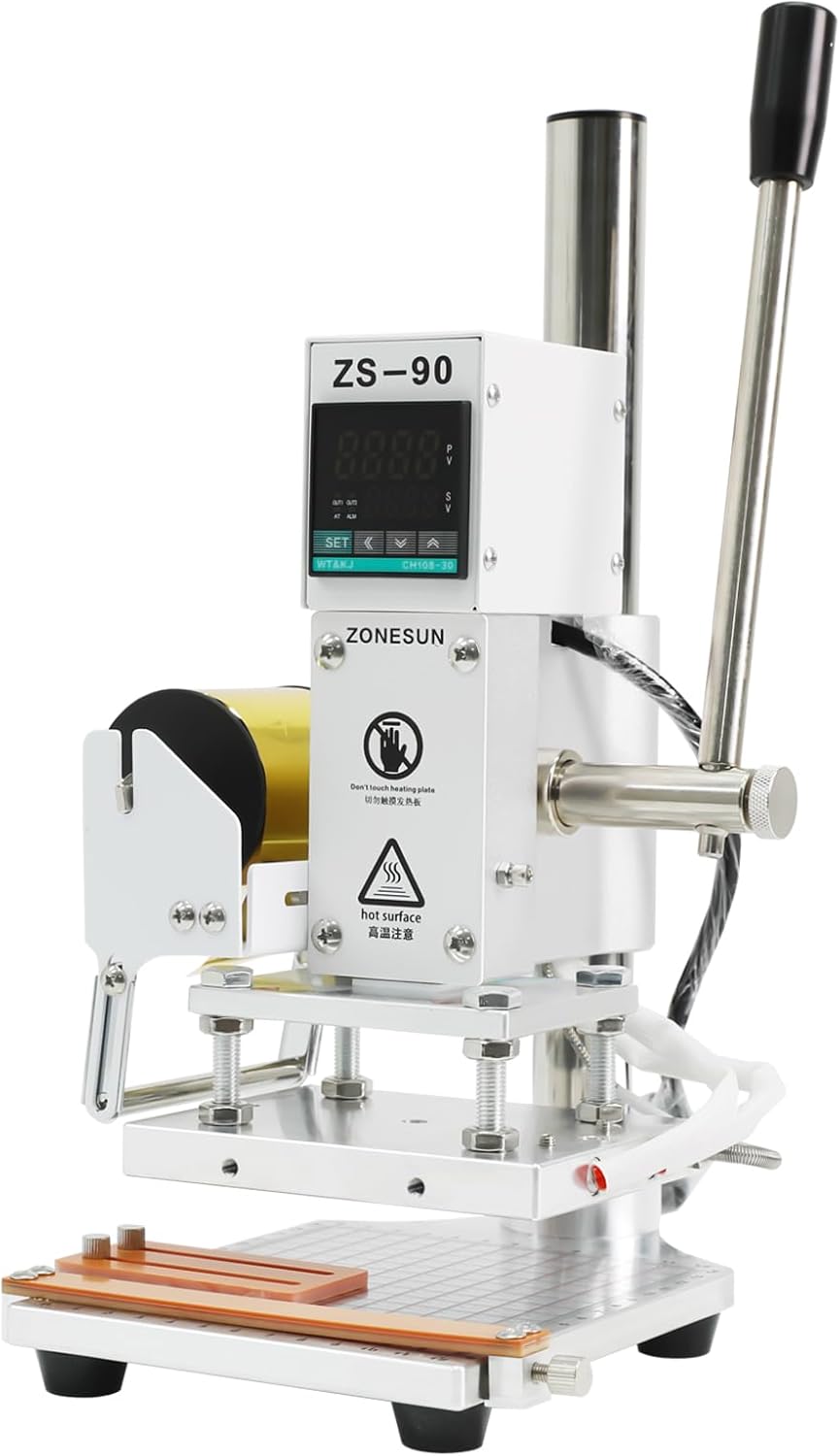 ZONEPACK 10x13cm Digital Embossing Machine Hot Foil Stamping Machine Manual Tipper Stamper for PVC Leather PU Paper with Paper Holder and Scale Branding on Masks