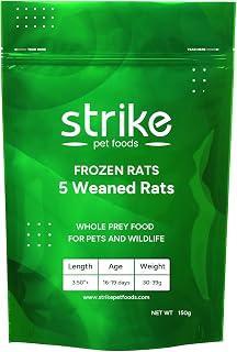 STRIKE Weaned Frozen Rats for Snake Food, Ideal Size for Ball Pythons, Boas, and Large Carnivorous Lizards (30-39 Grams) (3.5+ inches), 5 Count