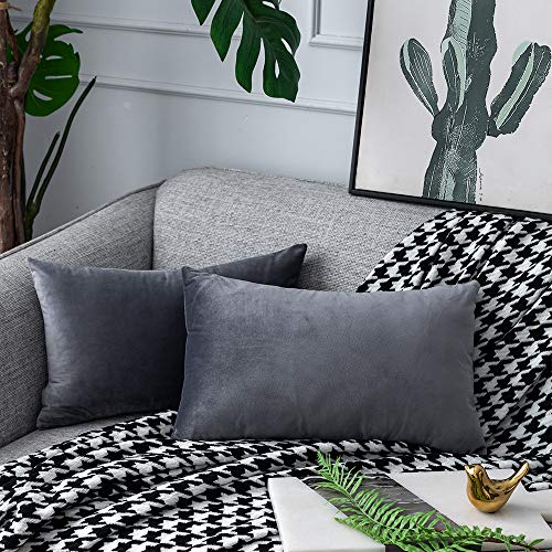 UPOPO Dark Grey Velvet Throw Pillow Covers Rectangle Lumbar Pillowcase Soft Solid Color Set Cushion Case for Sofa Living Room Car 2 Pieces 12" x 20"