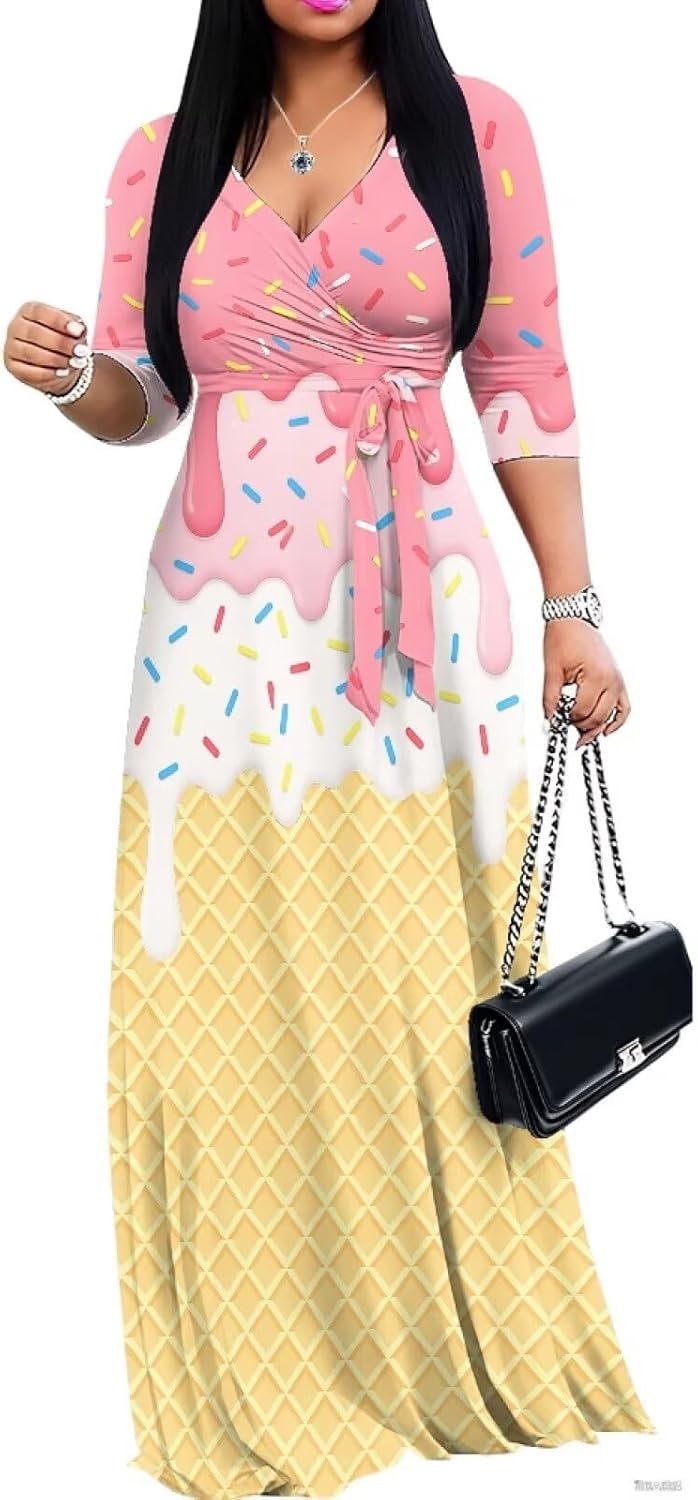 Plus Size Maxi Dress for Women Casual Summer Sundress V-Neck 3/4 Sleeve Dress with Pockets