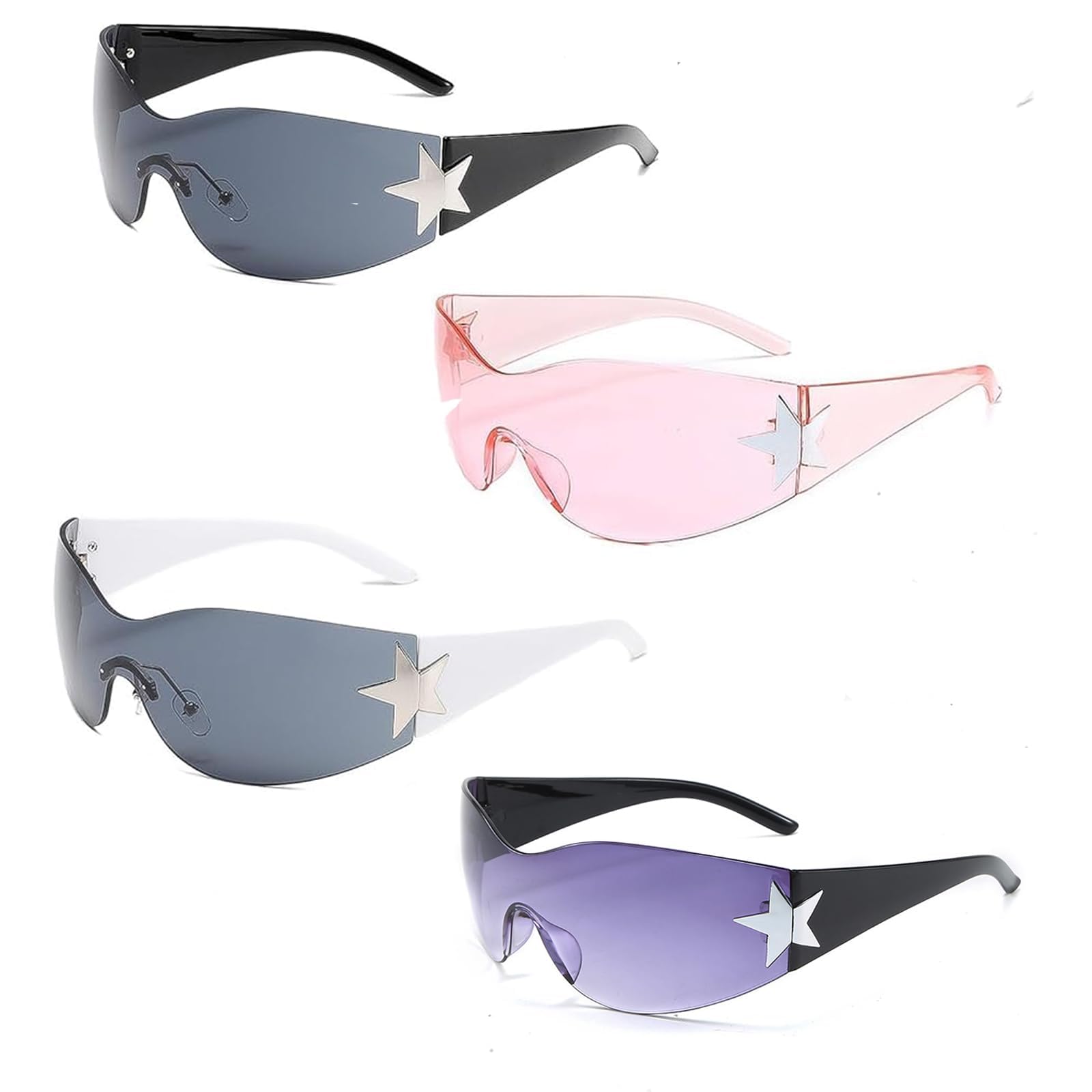 WORUIB4pcs y2k accessories, y2k sunglasses, rave glasses, Cool Glasses, Wrap Around Sunglasses Women Rimless Wrap Around Sunglasses Women Men, Sunglasses Oversized Shades Cool Star Fashion Sun Glasses UV400