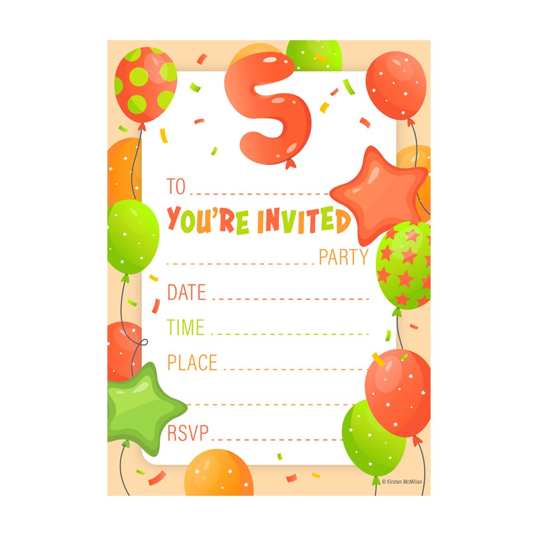 32 Kids Childrens Birthday Party Invitations Age 5 with Envelopes Invitation Orange Pack of 32 Balloon Invites - Designed and Printed in the UK