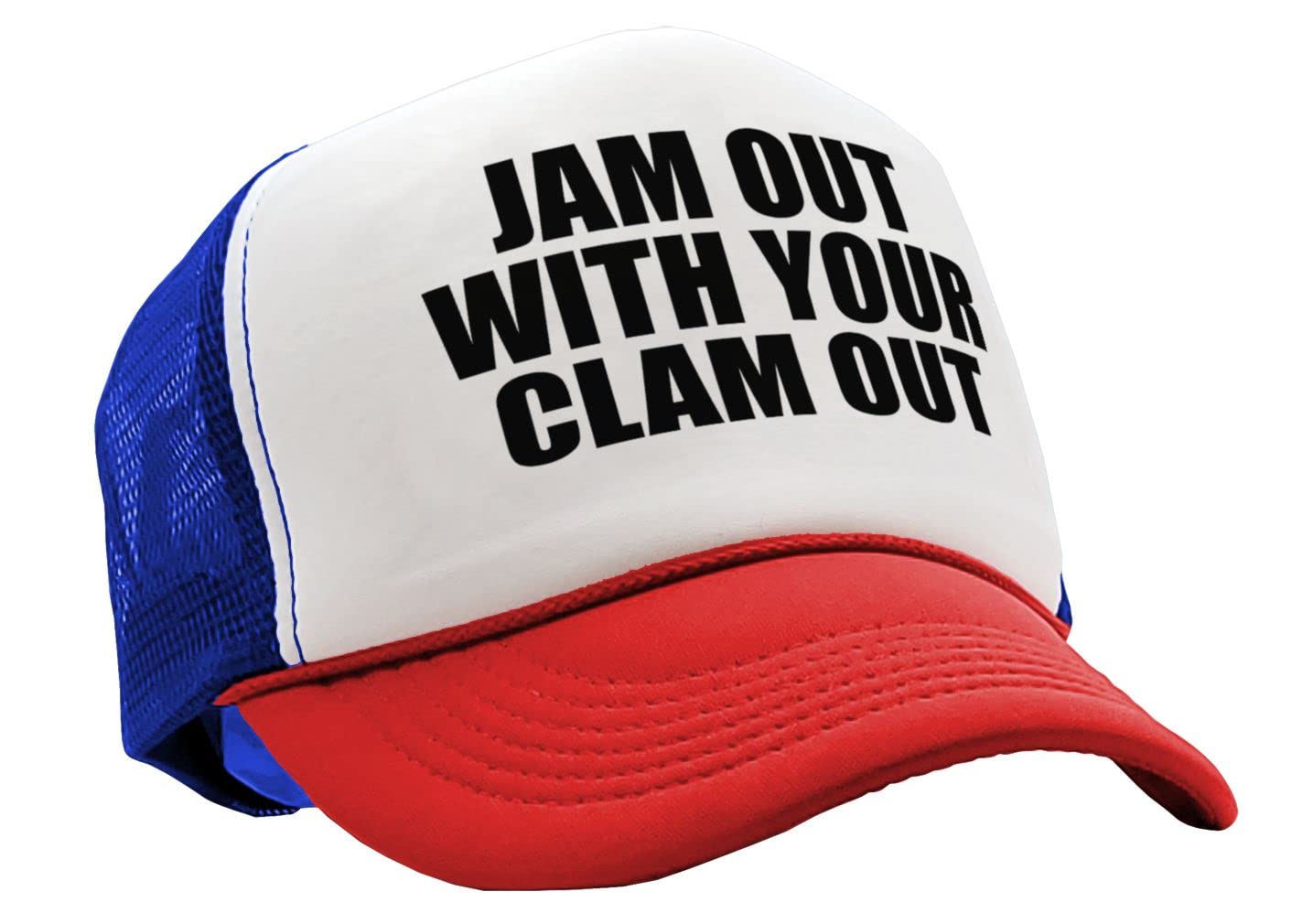 JAM Out with Your Clam Out - Funny Party Club - Vintage Retro Style Trucker Cap Hat (R W B)