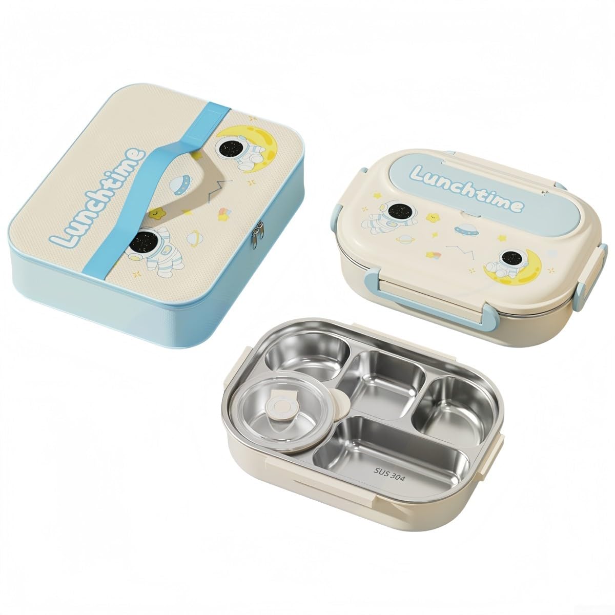 Bento en acier inoxydable 5 compartiments haut de gamme bleu avec sac