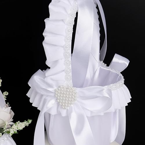 Miniatura 6 de Paquete de 2 cestas blancas para niñas de flores, para bodas, de satén blanco, para niñas de flores