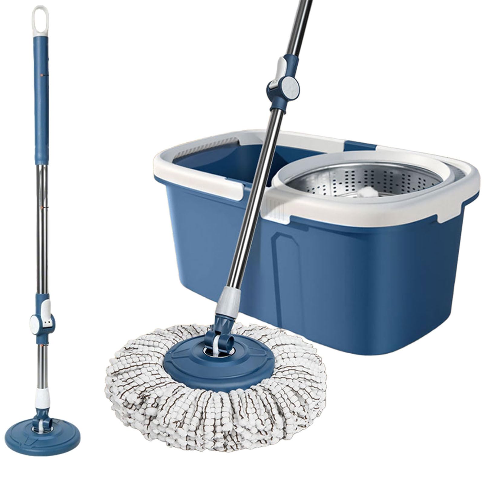Este Juego de fregona giratoria y Cubo con escurridor Incluye 5 recambios de Microfibra y 2 Mangos Ajustables de Acero Inoxidable, Ideal para la Limpieza de Suelos de Madera, laminados y Bal