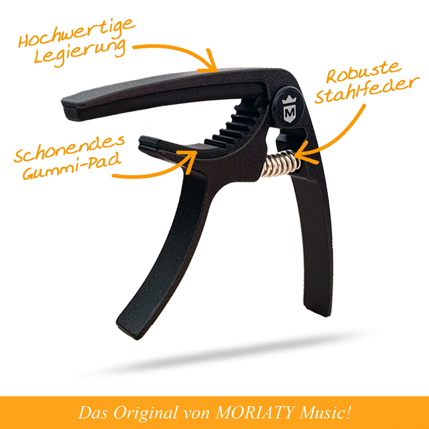 MORIATY QuickChange kapodaster do gitary + 3 kostki + szkoła gitarowa – bardzo wytrzymały Capo do gitary westernowej, akustycznej, koncertowej, elektrycznej, banjo i ukulele