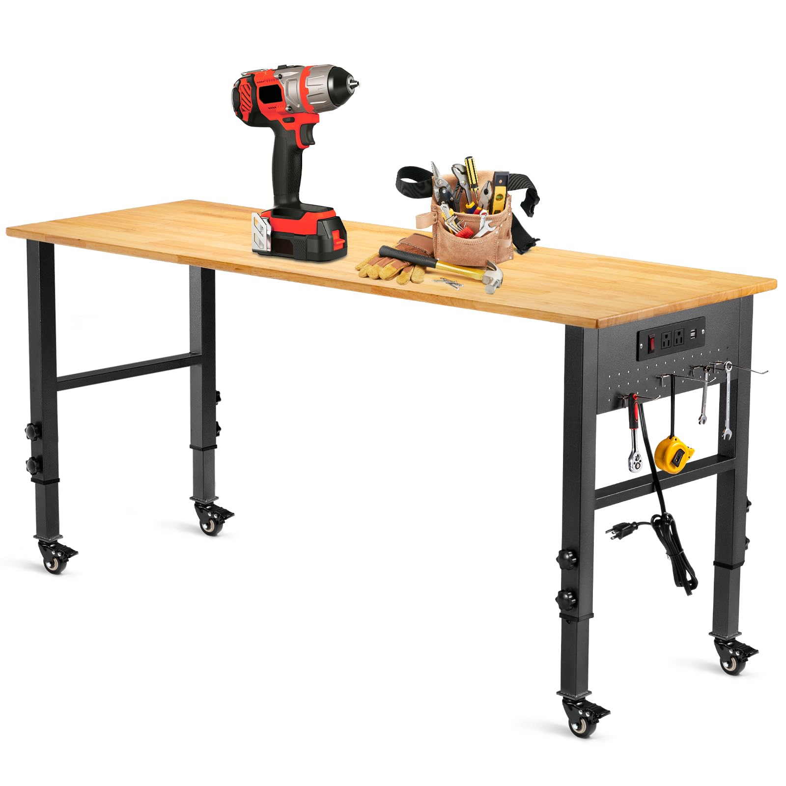 60 "Adjustable Workbench with Power Outlet, Heavy Duty 2000 LBS Load Capacity Hardwood Workbench Suitable for Workshop, Office, Garage, Home with Wheels