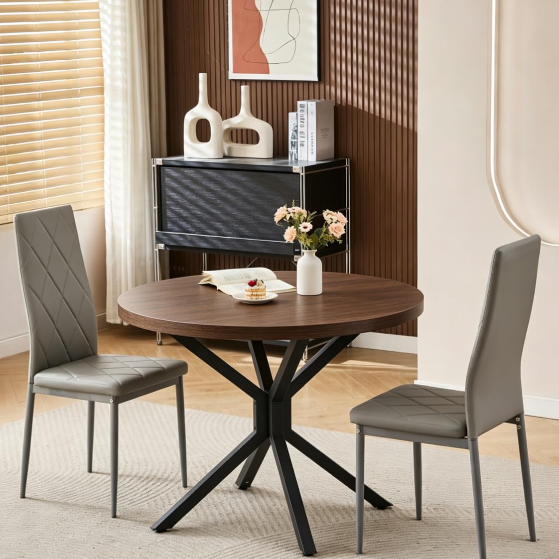 Pantanal 95cm Round Browish Walnut Wood Dining Table and Leather Chairs Set of 2, Modern 3 Pieces Compact Kitchen Table with 2 Argyle Grid Chairs for Dinette Restaurant Small Space