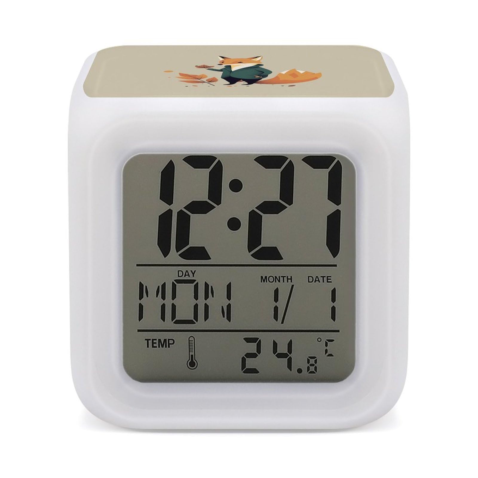 Reloj despertador de zorro con luz de 7 colores, temperatura y pantalla LED de escritorio