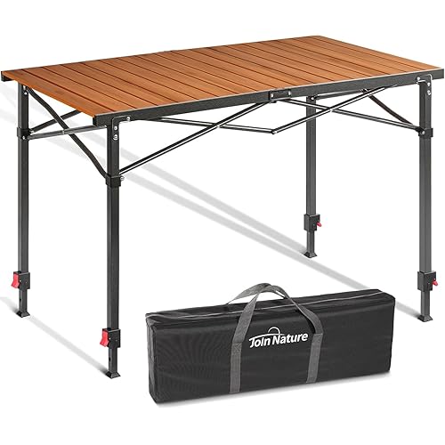 Join Nature Portable Outdoor Adjustable Height Camping Table, Large for 2-6 Person, Foldable Roll-up Aluminum Camp Table with Carry Bag for Picnic, Camp, Sturdy, Stable, Loads 220 Lbs