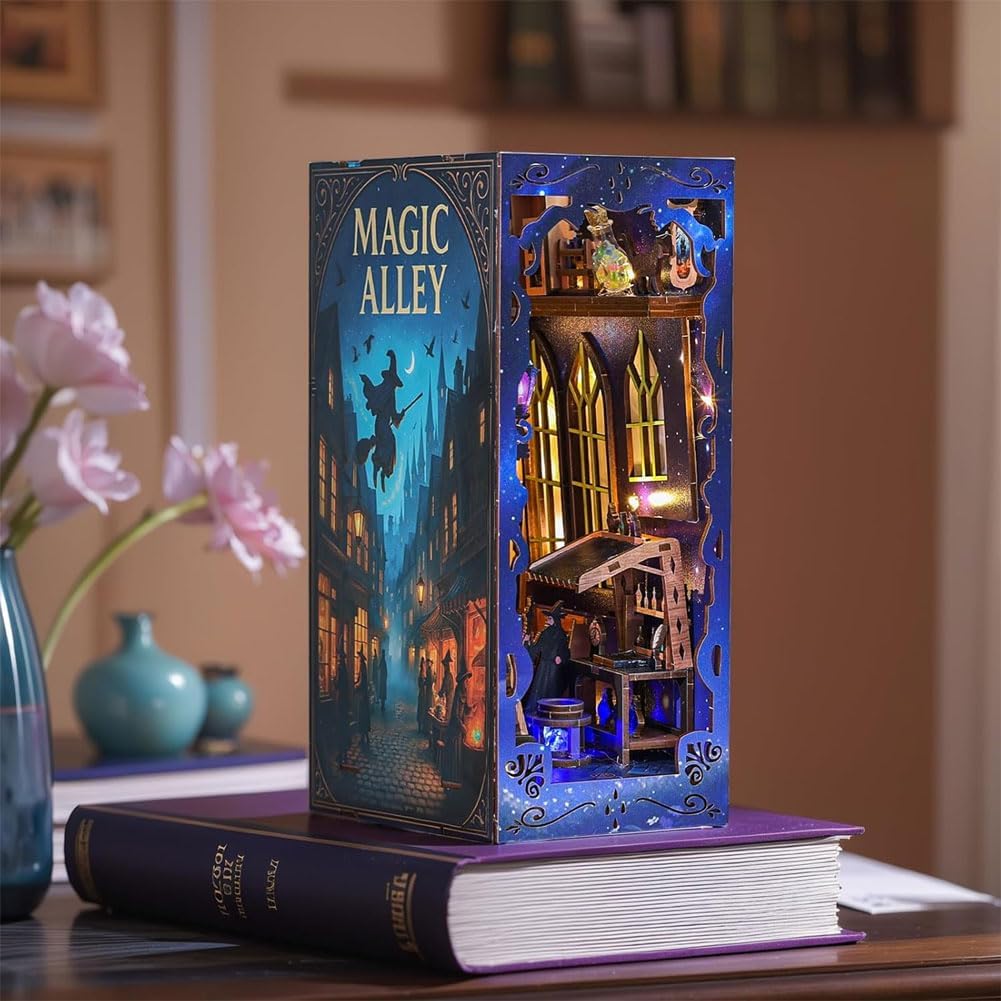 Magic Alley Book Nook Kit - DIY Miniature House Kit for Adults, Teens and Beginners, Magic Miniature Diorama with LED Light, 3D Wooden Puzzle Bookend Bookshelf Insert Decor, Gifts for Fantasy Lovers