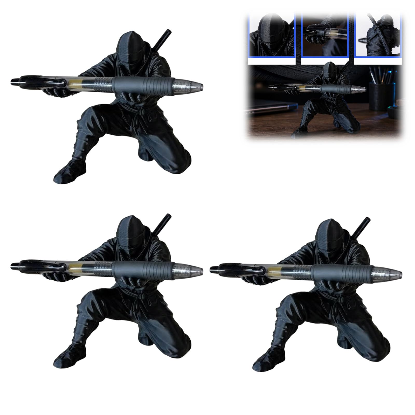 Foyust Ninja Pen Holder, Decorative 3D Printed Desk Accessories, Solid Weighted, Realistic Character Pencil Container, 3.09×3.54 Inches, For Home Bedroom Living Room Study School (Black*3)
