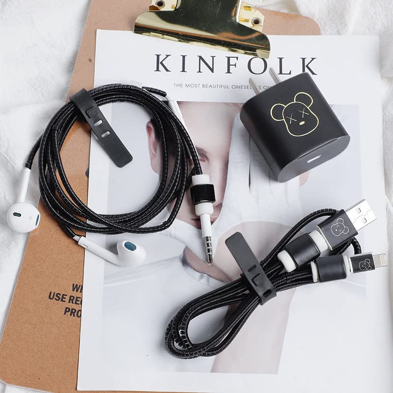 Image of Careflection 6-in-1 Multi Combo Spiral USB Cable Protectors + Earphones Winder + Sticker + Cable Clips + Earphone Jack Clip for New 20W Apple iPhone iPad Charger (KAWS Bearbrick Black)