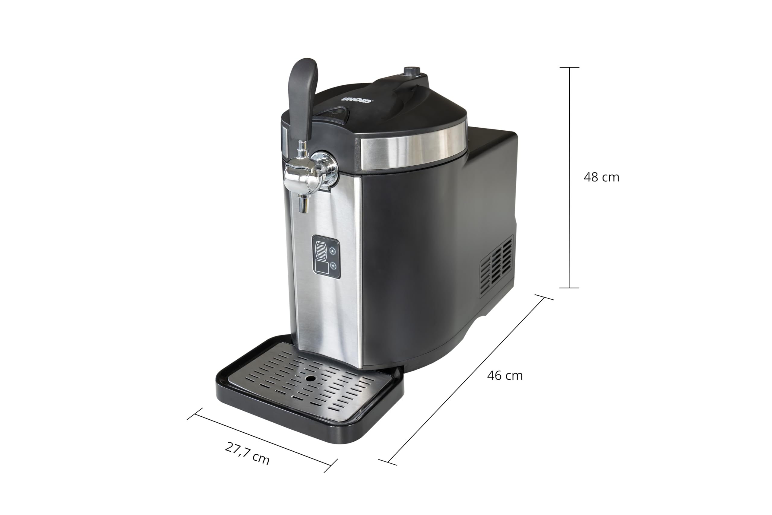 UNOLD Bierzapfanlage FRANZL 48975 – Profi-Kompressorkühlung (2–12 °C), LED-Füllstandsanzeige & CO2-Drucksystem inkl. 3 Kartuschen – Für alle 5-Liter-Bierfässer – Edelstahl/Schwarz