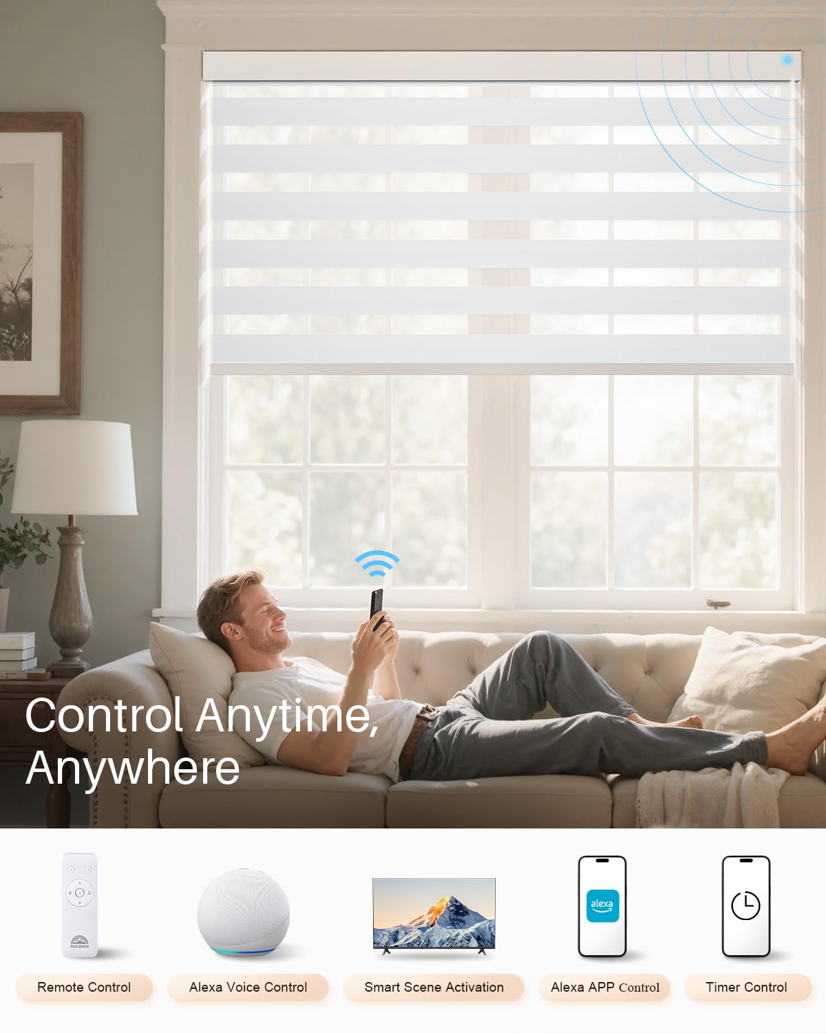 Tende Zebra Intelligenti per Finestre, Tende Elettriche Alexa con Telecomando, Tende Automatiche per Finestre Interne con Filtraggio della Luce e Protezione della Privacy (80L x 183A cm