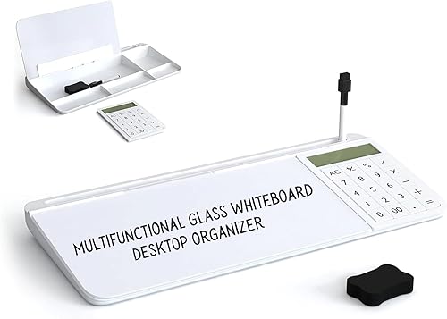 GREEN PLAIN Organizador de escritorio de vidrio pizarra blanca con calculadora y ranura para tableta de teléfono, tablero de borrado en seco con