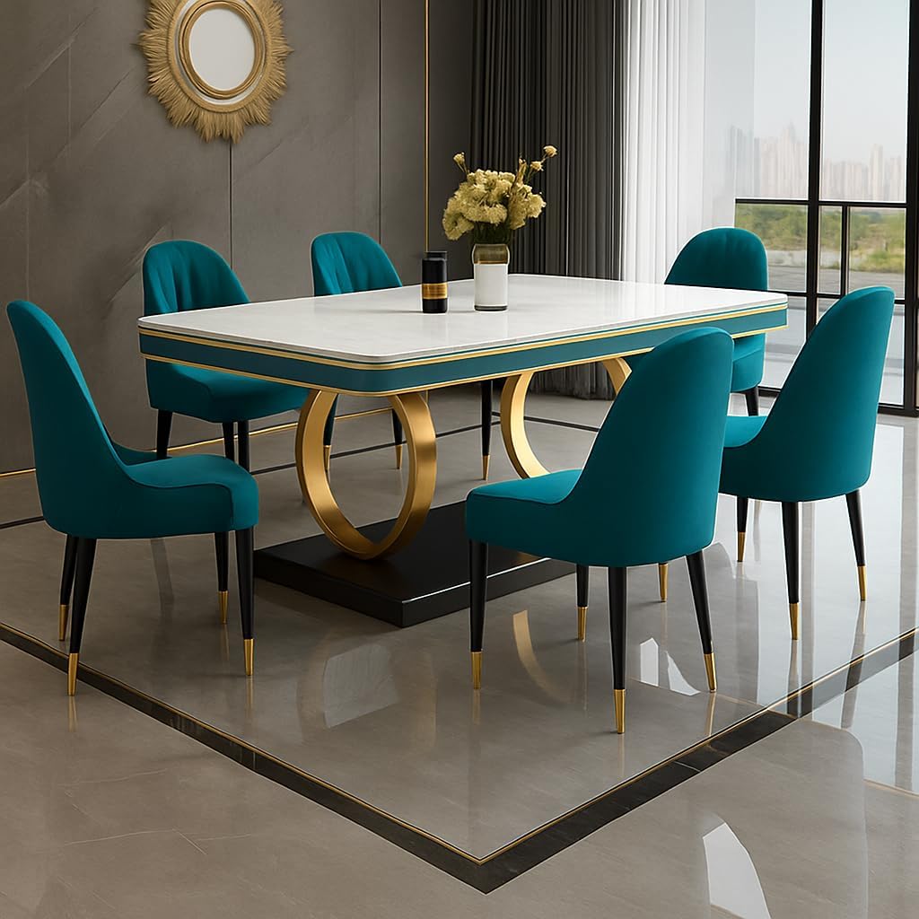6-Seater Dining Table with Nano Composite Marble Top and PVC Golden Wooden Base |2yr Warranty - Includes 6 Fabric Upholstered Chairs (Sea Blue, White Nano Composite Marble Top)