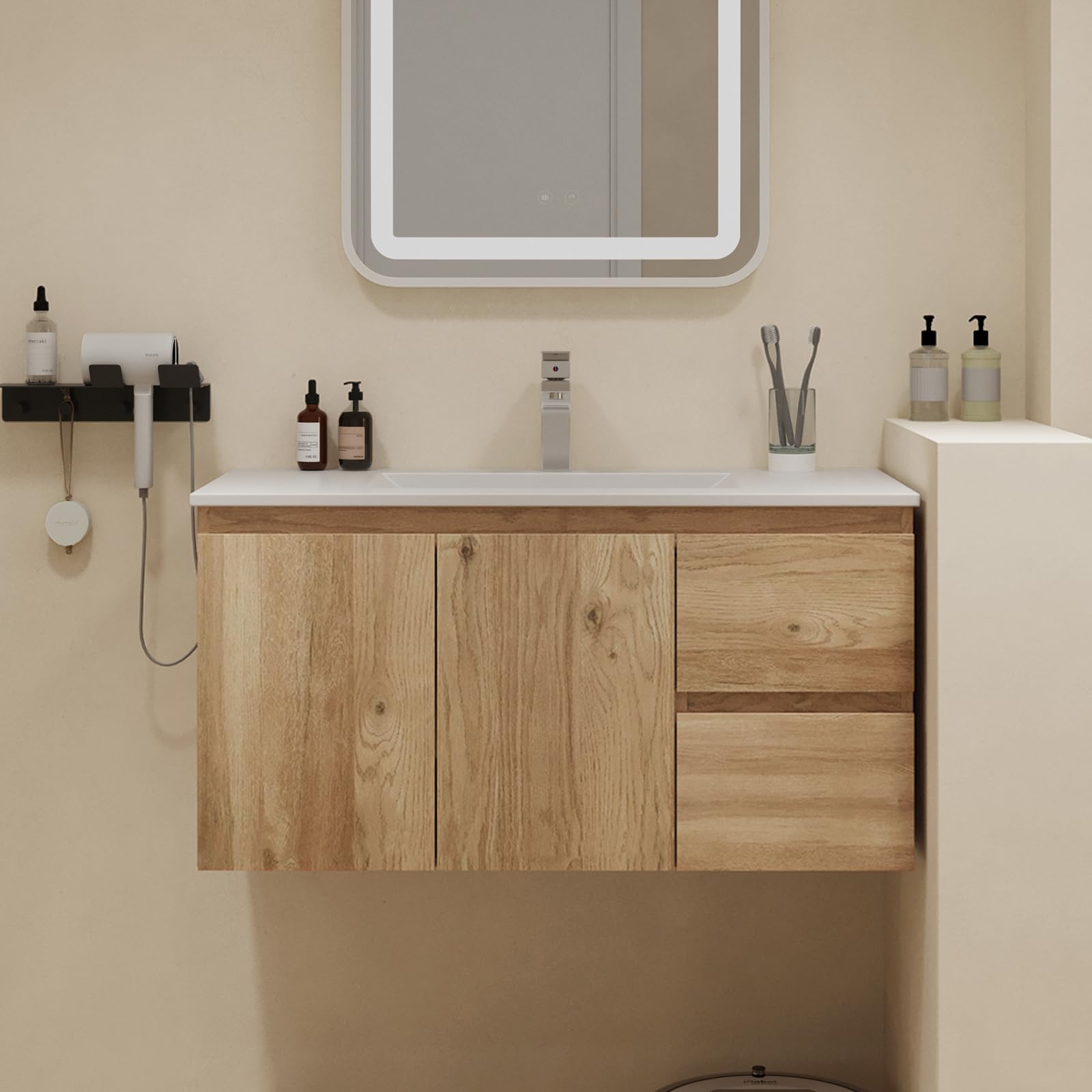 Waschbecken mit Unterschrank 90 cm breit, Waschbeckenunterschrank, Badmöbel Set, Bad & Gäste WC, Soft-Close Schubladen und Türen, Hängender Waschtisch mit Keramikwaschbecken, Holzoptik, Oak-Dekor Baumarkt