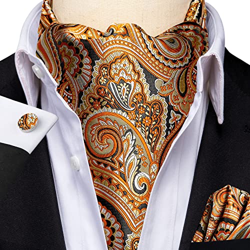 Image of Hi-Tie Silk Ascot for Men Self Tie Men's Cravat and Flower Lapel Pin Handkerchief Cufflinks Set for Wedding Party