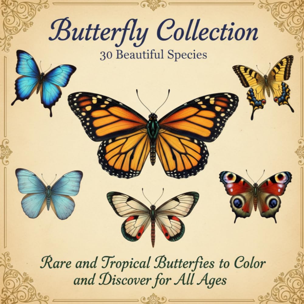 Butterfly Collection: 30 Beautiful Species: Rare and Tropical Butterflies to Color and Discover for All Ages