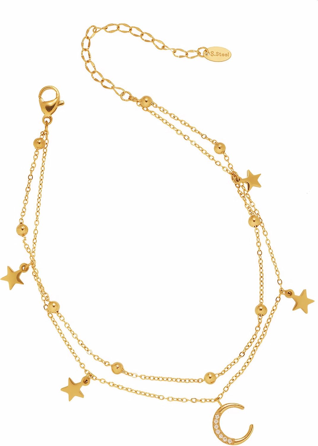 Anklet Bracelets for Women, 18k Gold Plated Titanium Steel Star Moon Foot Jewelry, Dainty Layered Waterproof Anklet for Women, Adjustable Summer Beach Jewelry