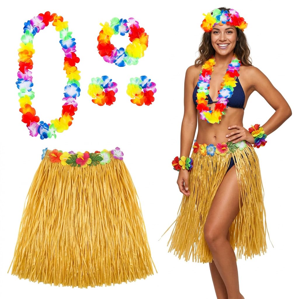 XURISON 5Pcs Hawaiian Fancy Dress Set,Hawaiian Garland,Hawaii Accessories Garlands Outfit Bracelet Necklace,Hula Skirt,Grass Skirts Costume,Beach Party Fancy Dress Caribbean,Flower Hawaii Leis