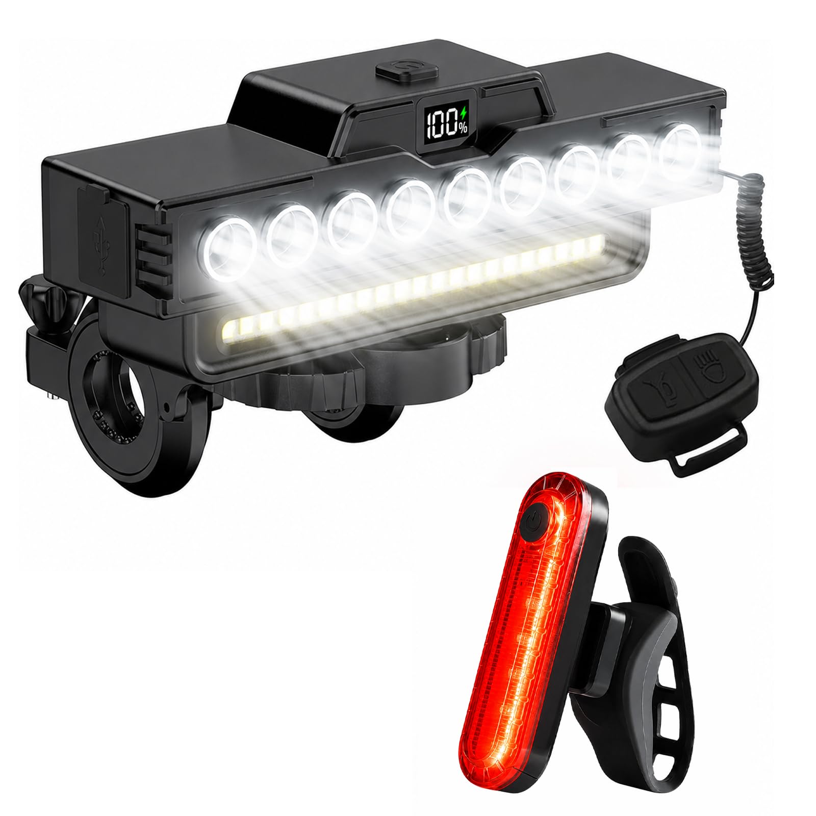 Rechargeable Waterproof Bicycle Headlight with Horn, 9 LEDs and 7 Modes, IPX5 Waterproof, Long Battery Life with Power Display, Easy Install for Night Riding & Mountain Cycling