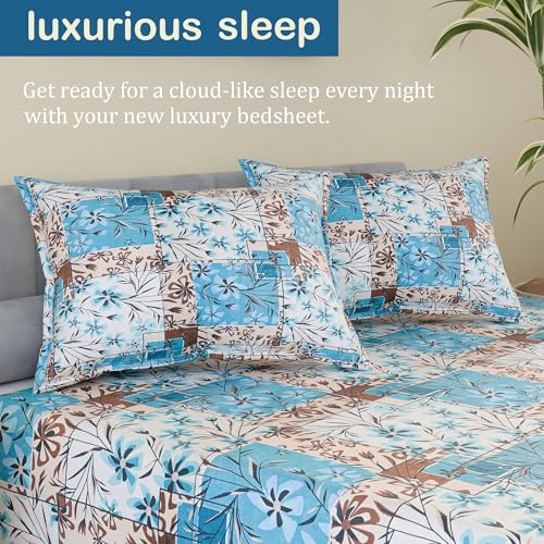 Image of Kuber Industries Cotton 144 TC Double Bedsheet With 2 Pillow Covers | Machine Washable Soft Bedsheet For Living Room, Home & Hotels | Flower Print - Blue & White