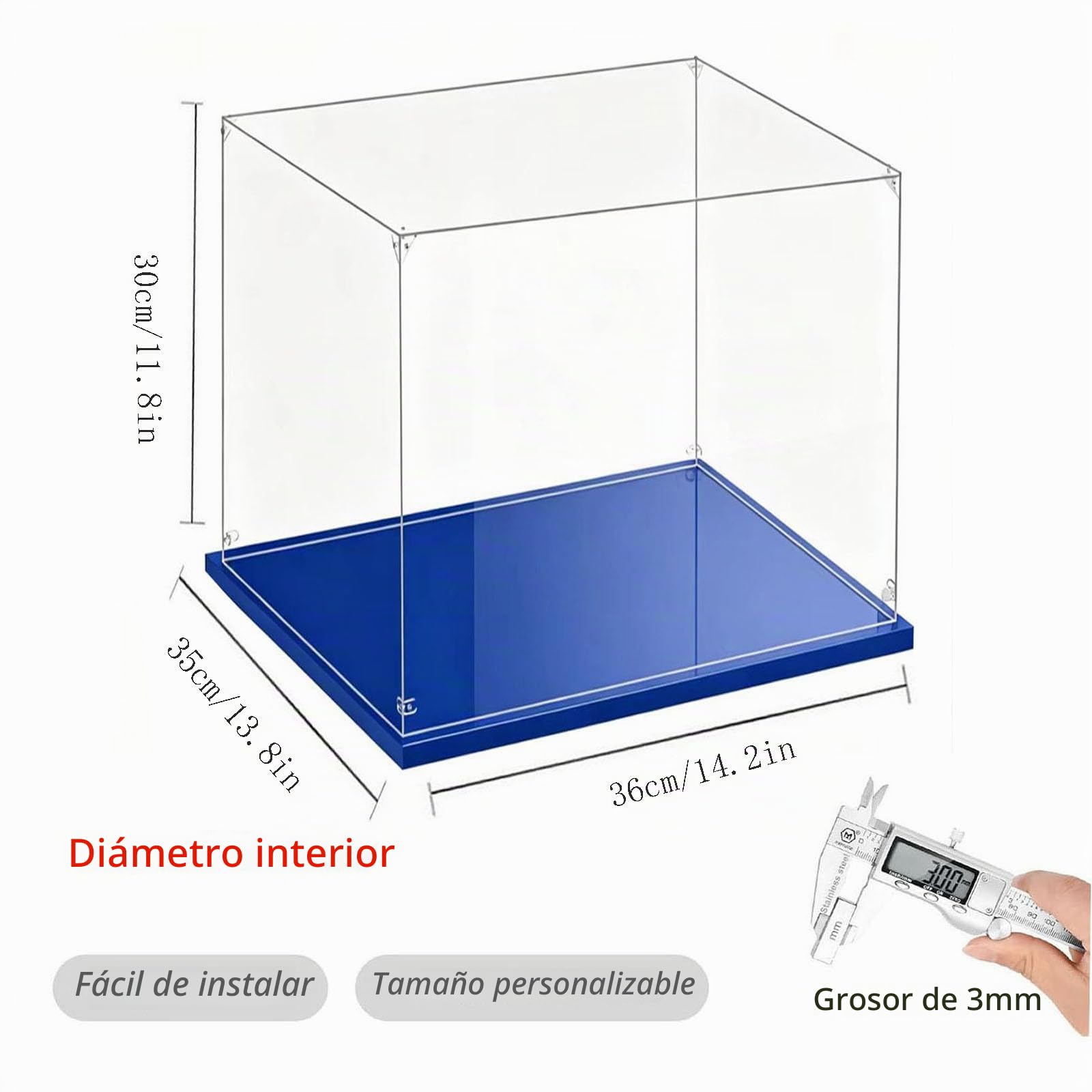 3mm Vitrina acrílica Transparente, Vitrina Expositora para Lego, Caja de Acrílico para el Hogar para Objetos de Colección，Caja de Acrílico con Base Azul para el Hogar (36x35x30CM)