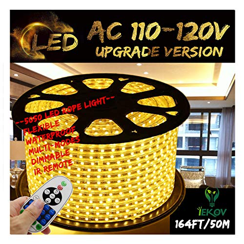 Image of Warm White Color LED Strip Light, AC 110-120V Flexible /Waterproof /Multi-Modes Function /Dimmable SMD5050 LED Rope Light with Remote for Home /Office /Building Decoration (164ft /50m)