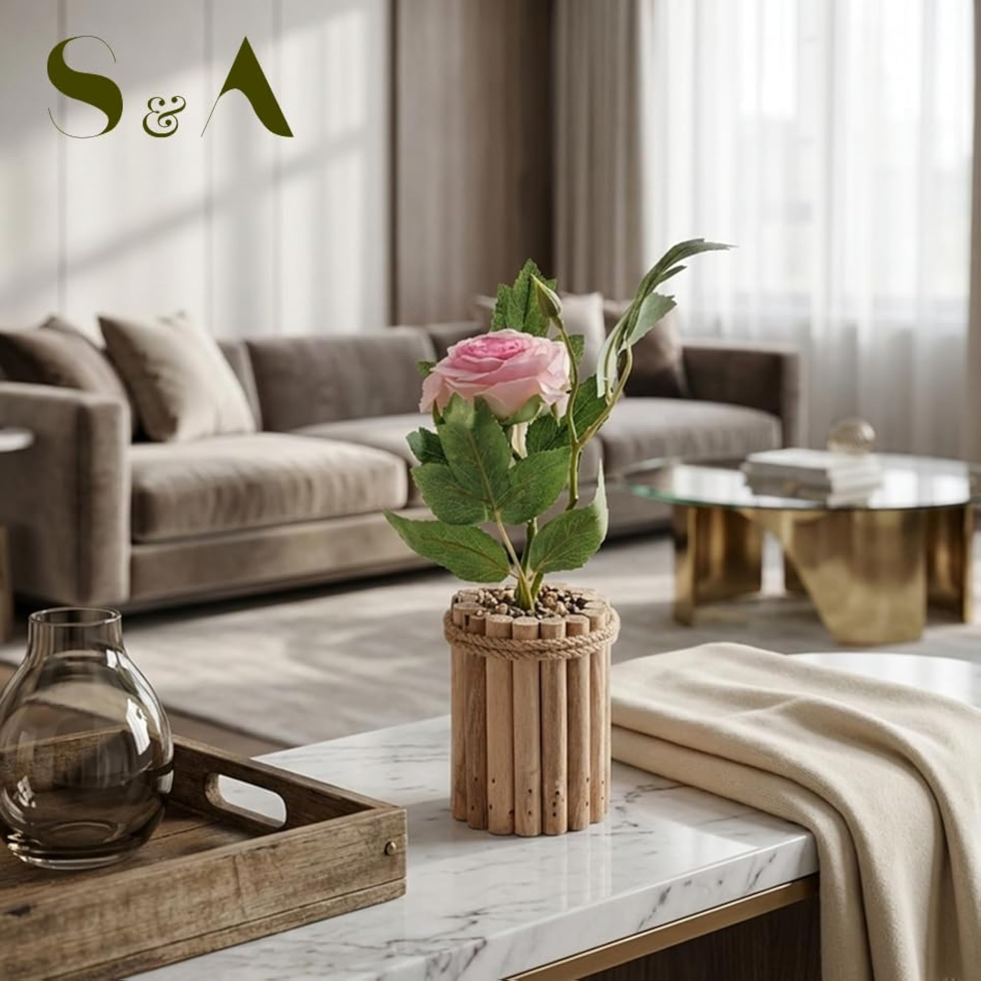 Artificial Pink Rose Plant with Wooden Pot