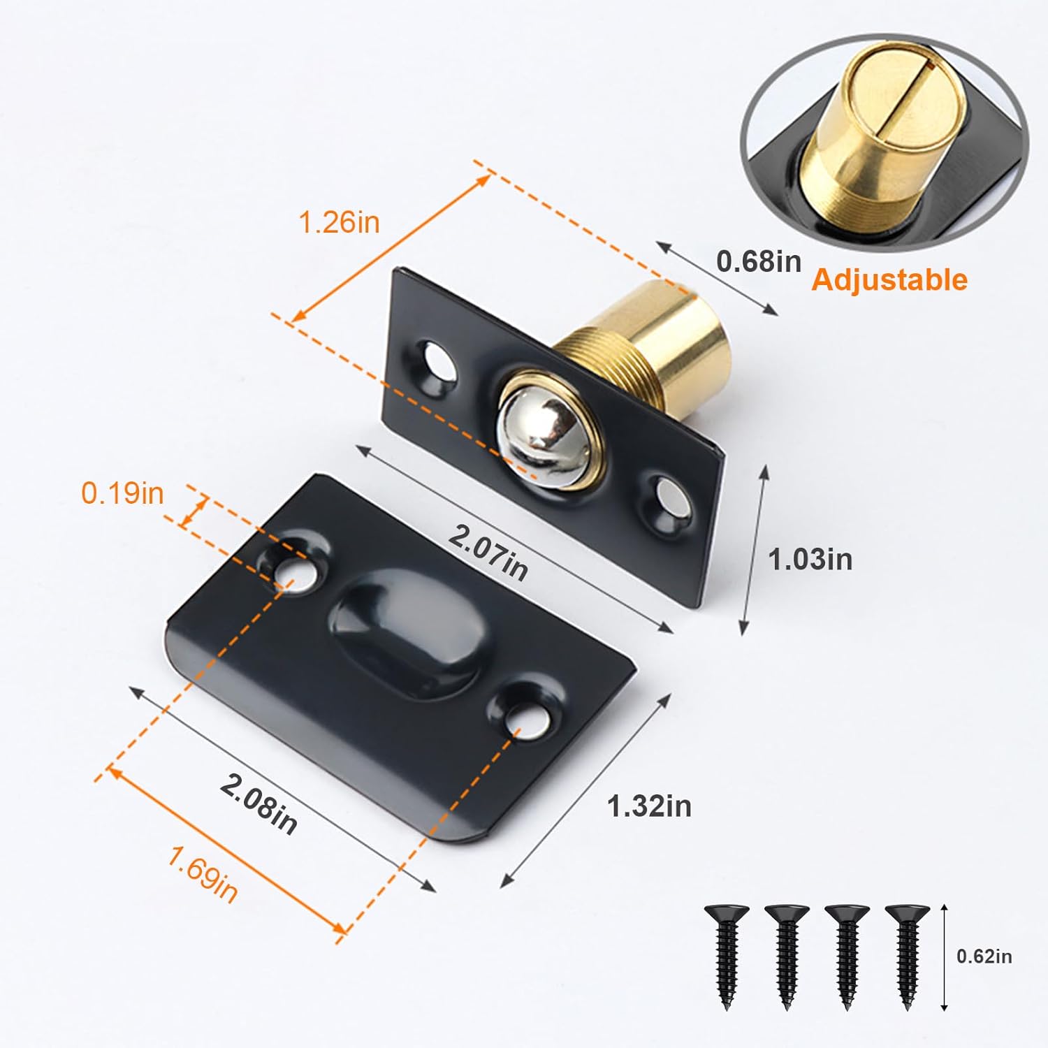 24Pack Door Ball Catch Replacement, Adjustable Closet Ball Bearing Door Latch, Strong Drive Closing Door Accessories for Interior Doors, Solid Brass Body & Stainless Steel Strike Plate Black