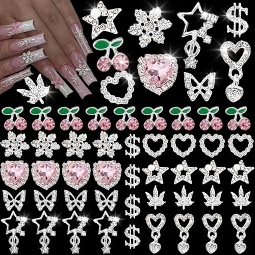 Pizadix 55 Pcs 3D Silver-Pink Nail Charms Y2K Set: Snowflakes, Stars, Dangle Stars, Hearts, Dangle Hearts,Cherries, Maple Leaves, Butterflies, Dollars Silver Nail Charms Y2K
