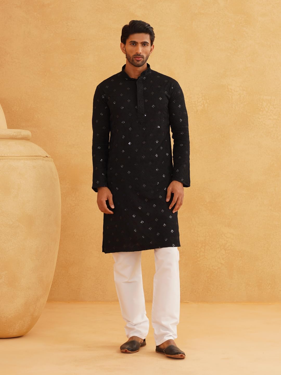 Sojanya (Since 1958 Men'S Cotton Embroidered Sequinned Kurta With White Churidaar Pyjama - Image 7